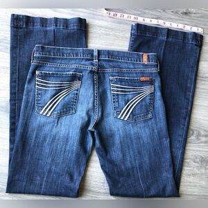 7 For All Mankind Dark Blue Denim Flare Jeans with White Pocket Stitching